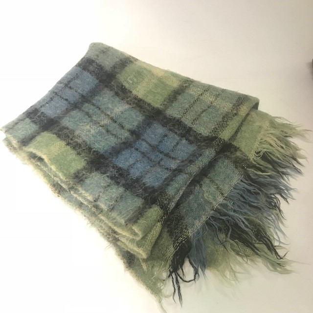 BLANKET, Picnic Blanket - Light Green Blue Tartan Mohair